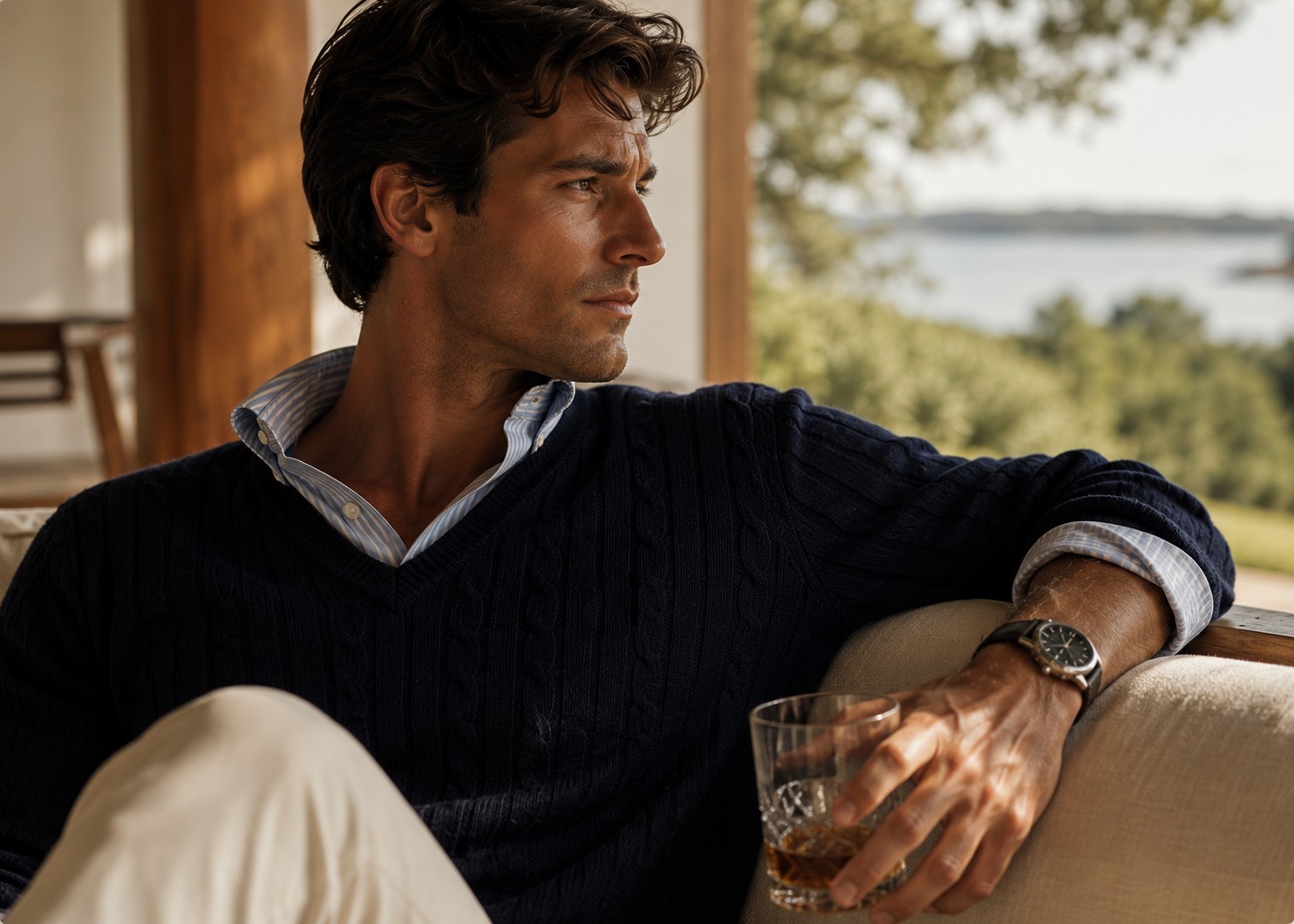 Homme élégant en pull marine profitant d'un moment de détente en terrasse, art de vivre et exclusivité discrète